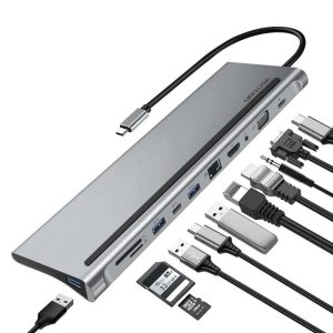 Vention HDMI + VGA + USB-C + RJ45 + SD + TF + Audio + PD 11-In-1 Docking Station 0.25M Gray, THTHC